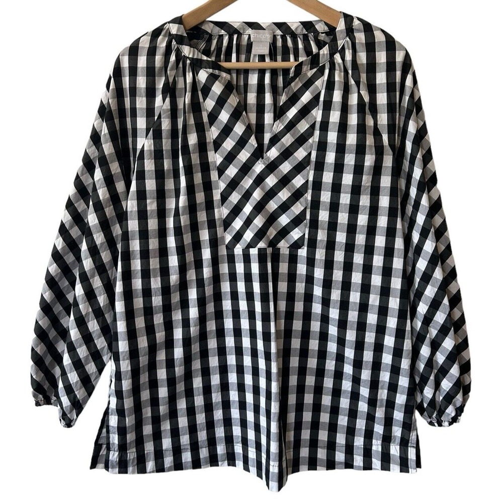 Chico's Size Small 8 (Chico's 1) Popover Black White Check Peasant 3/4 Sleeve